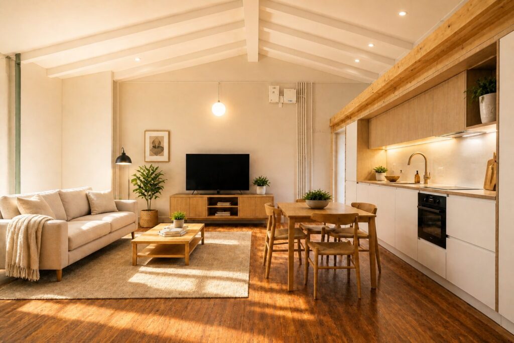 Render: soggiorno con cucina a vista