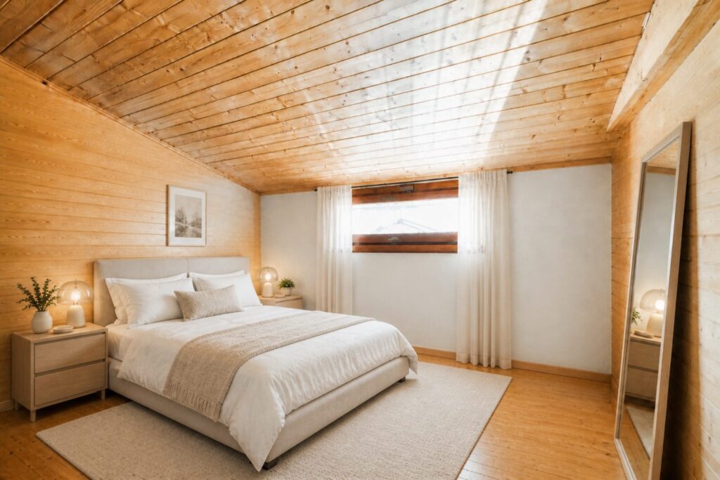 Render: camera matrimoniale, prima ipotesi di arredo