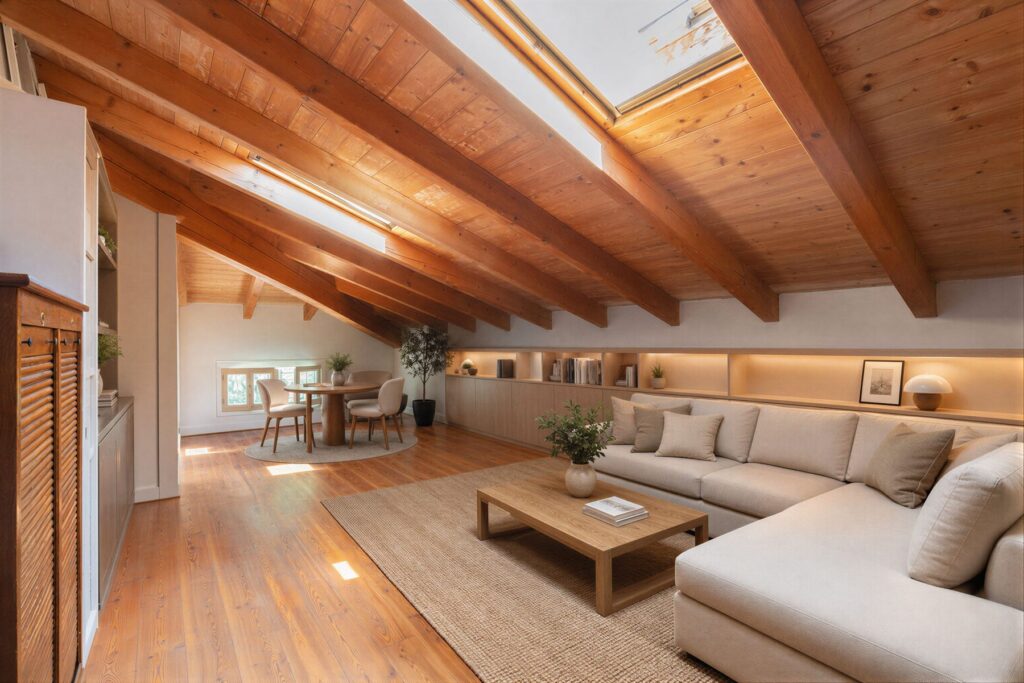 Il sottotetto con travi a vista e Velux